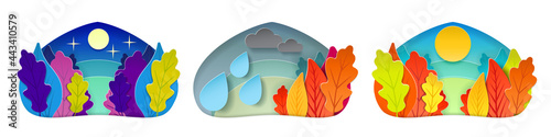 Autumn weather condition set. Sunny, starry night, overcast with clouds and rain. Landscape forest or park with trees, sky. Papercut