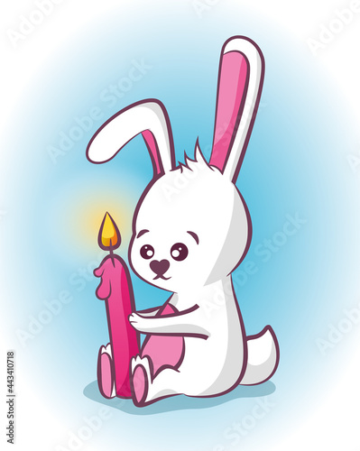 White little bunny with burning candle. Funny cartoon character for Easter. Vector illustration of drawing little easter rabbit.