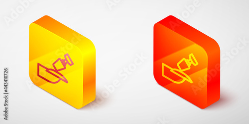 Isometric line Milling cutter for manicure icon isolated on grey background. Apparatus for manicure. Manicure tools. Yellow and orange square button. Vector
