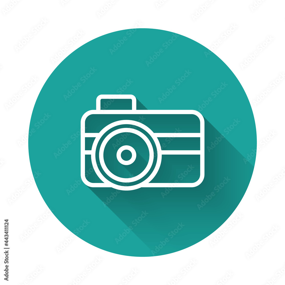 White line Photo camera for diver icon isolated with long shadow background. Foto camera icon. Diving underwater equipment. Green circle button. Vector White line Photo camera for diver icon isolated with long shadow background. Foto camera icon. Diving underwater equipment. Green circle button. Vector