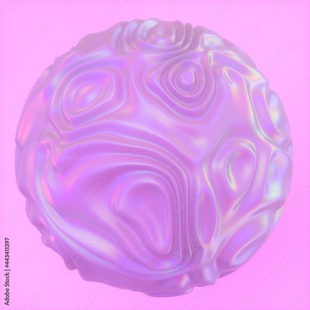 Obraz premium Abstract holographic sphere with rippled and glitched surface. 3D illustration in retrofuturistic synthwave style.