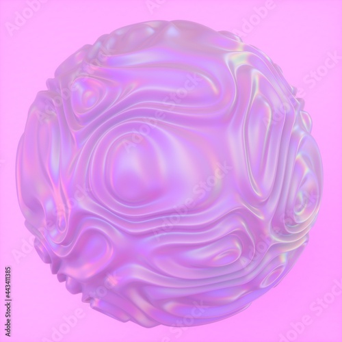 Abstract holographic sphere with rippled and glitched surface. 3D illustration in retrofuturistic synthwave style.