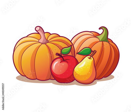 Drawn fruits and vegetables composition isolated on white background. Vector illustration of two fresh pumpkins, red apple and yellow pear. Organic vegetarian food for healthy lifestyle.
