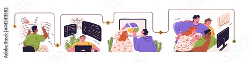 People working at development projects at kanban board and scrum meeting. Concept of workflow management methods in business. Colored flat graphic vector illustration isolated on white background.