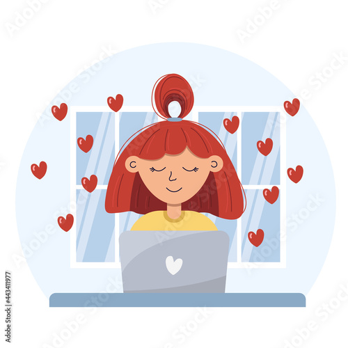 Cute girl with red hair work by laptop near window at home. Female freelancer loves her job. Designer or photographer behind desktop. Freelance or studying concept. Vector illustration.