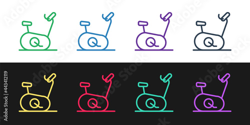 Set line Stationary bicycle icon isolated on black and white background. Exercise bike. Vector