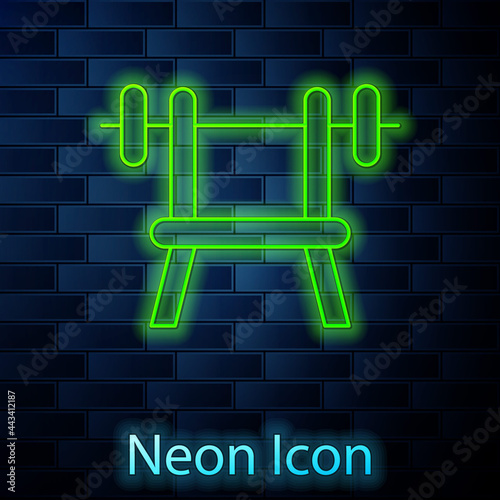 Glowing neon line Bench with barbell icon isolated on brick wall background. Gym equipment. Bodybuilding, powerlifting, fitness concept. Vector