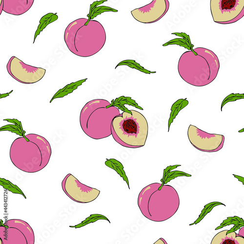 Seamless vector pattern with hand drawn peaches on white background. Simple tasty apricot wallpaper design. Decorative healthy food fashion textile.