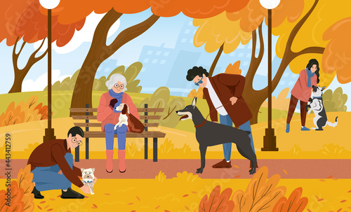 Dog walking area. People are relaxing in the autumn park with their pets. Flat vector illustration