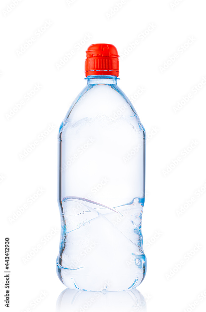 Plastic bottle with purified water. Mineral water bottle mockup. Bottle for kids or sports. Bottle isolated on white background Plastic bottle with purified water. Mineral water bottle mockup. Bottle for kids or sports. Bottle isolated on white background
