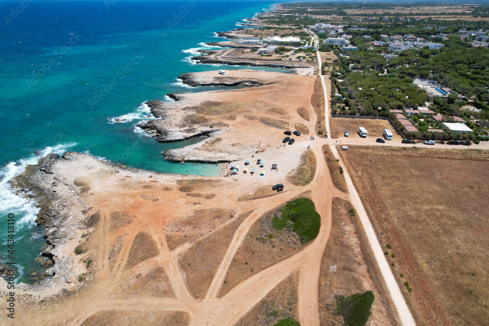 Costa Merlata, Ostuni photographed with drone from above. It offers one of the most beautiful stretches of coast in Puglia and Italy with little gulfs and sandy beaches. Italy Ostuni  - obrazy, fototapety, plakaty 
