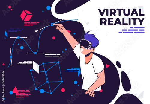 Vector illustration of a man in VR glasses, designing in virtual reality, flat design