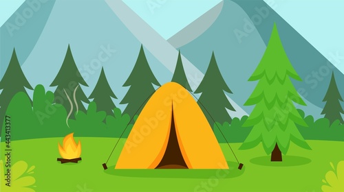 Camping landscape. With a tent, a campfire, mountains, a forest and a river. Background for developing the concept of a summer camp, nature tourism, camping or hiking. Outdoor recreation. Vector
