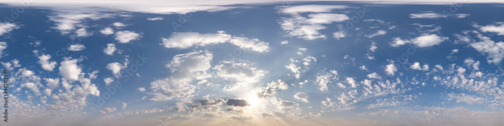 clear blue sky with white beautiful clouds. Seamless hdri panorama 360 degrees angle view with zenith for use in 3d graphics or game development as sky dome or edit drone shot clear blue sky with white beautiful clouds. Seamless hdri panorama 360 degrees angle view with zenith for use in 3d graphics or game development as sky dome or edit drone shot