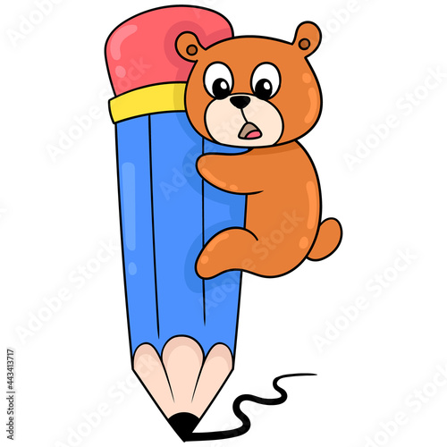 bear holding a big pencil for drawing, doodle icon image kawaii