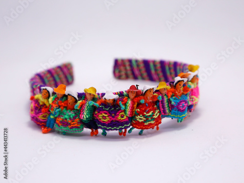  Headband with handmade ornaments of coyas motifs. Crafts from the north of Argentina. Upper Peru, Bolivia, Northern Argentina. People with indigenous coya clothing. Colorful traditional crafts.