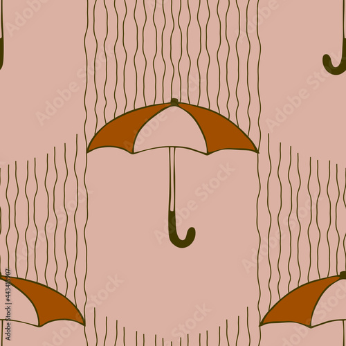 Seamless vector pattern with umbrellas on beige background. Simple rainy weather wallpaper design. Decorative season fashion textile.