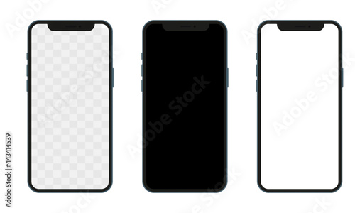 Realistic models smartphone with transparent screens. Smartphone mockup collection. Device front view. 3D mobile phone with shadow on transparent background - stock vector