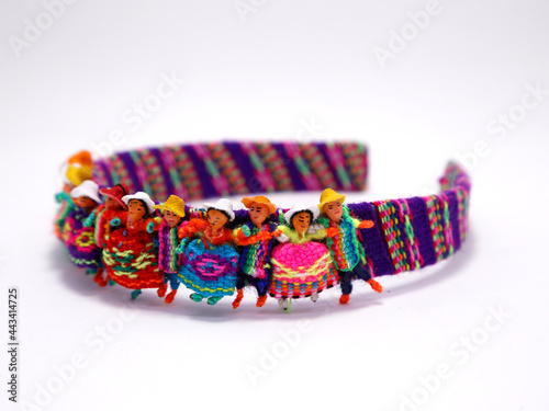 Headband with handmade ornaments of coyas motifs. Crafts from the north of Argentina. Upper Peru, Bolivia, Northern Argentina. People with indigenous coya clothing. Colorful traditional crafts.