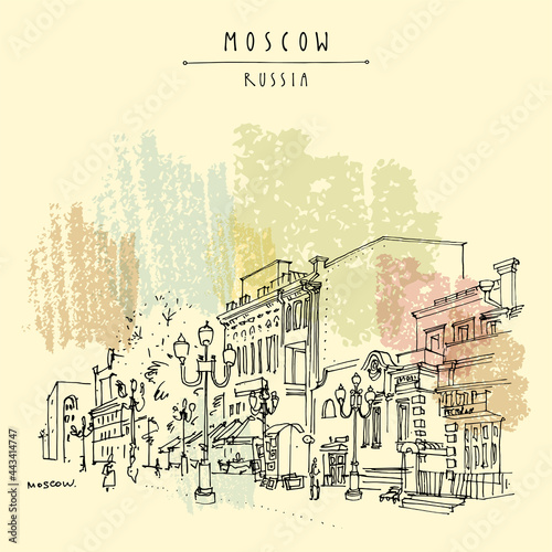 Vector Moscow postcard. The famous popular touristic Arbat pedestrian street in old town of Moscow, Russia. Travel sketch. Vintage hand drawn touristic postcard, poster, brochure illustration