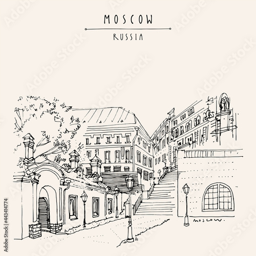 Vector old Moscow, Russia, Europe architecture postcard. Ancient houses, stairs, old buildings drawing. Old town artwork. Travel sketch. Vintage hand drawn touristic poster, brochure illustration