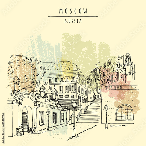 Vector Moscow architecture postcard. Ancient houses and old buildings on Varvarka street. Old town of Moscow, Russia, Europe. Travel sketch. Vintage hand drawn touristic poster, brochure illustration
