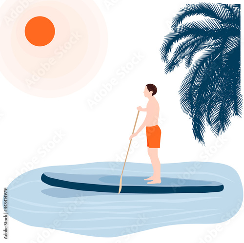 Stand up  vector stock illustration. A man stands up paddle boarding at dusk on a flat warm quiet sea with beautiful sunset colors. Isolated on a white background