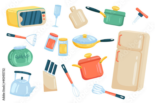 Kitchenware and utensils cute elements isolated set