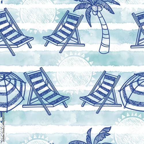 Vector beach seamless pattern. Summer background. Beach chair, palm tree, sun umbrella, sun and striped blue watercolor background.