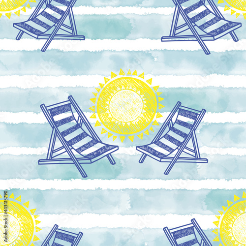 Vector beach seamless pattern. Summer background. Beach chair, sun and striped blue watercolor background.