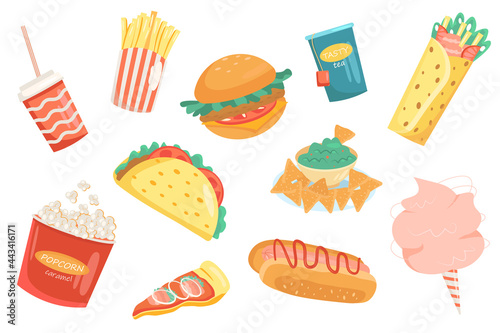 Fast food cute elements isolated set. Collection of fries, hamburger, cheeseburger, hot dog, burrito, nachos, popcorn, pizza, cotton candy and drink. Vector illustration in flat cartoon design