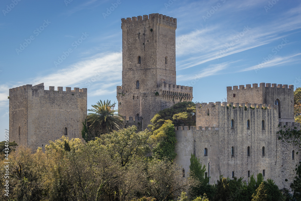 Balio castle and towers near Venus Castle in Erice, small town in Trapani region of Sicily Island, Italy