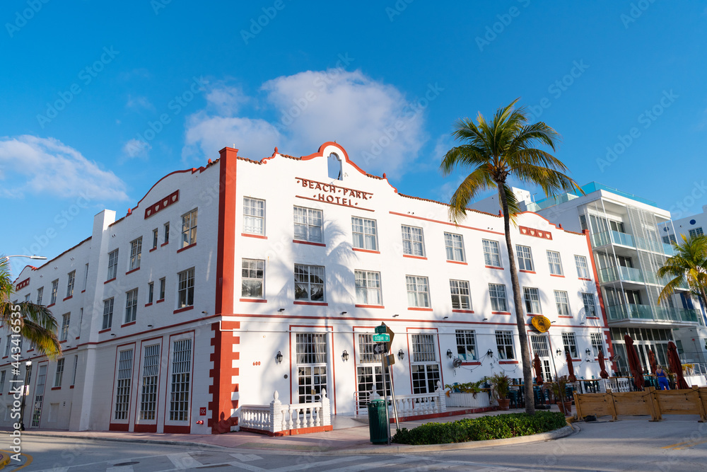 Miami, USA - April 15, 2021: Beach Park hotel on Ocean Drive in Florida  Stock Photo | Adobe Stock