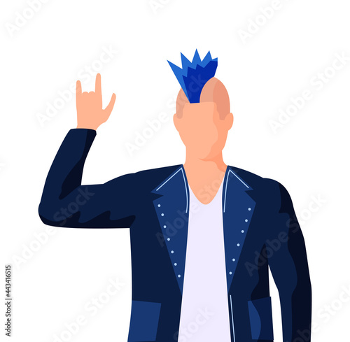 Rock musician in leather jacket isolated on white background. Man dressed as music artist. Male character performing rock music spreads his arms to sides. Professional rock performer with blue mohawk