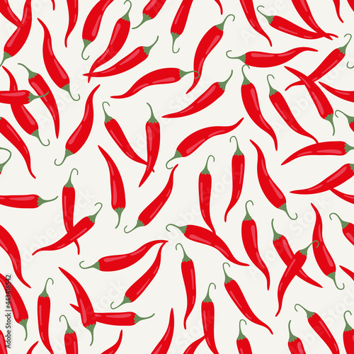 Red hot chilli peppers on beige background. Vector repeat background for fabric. 