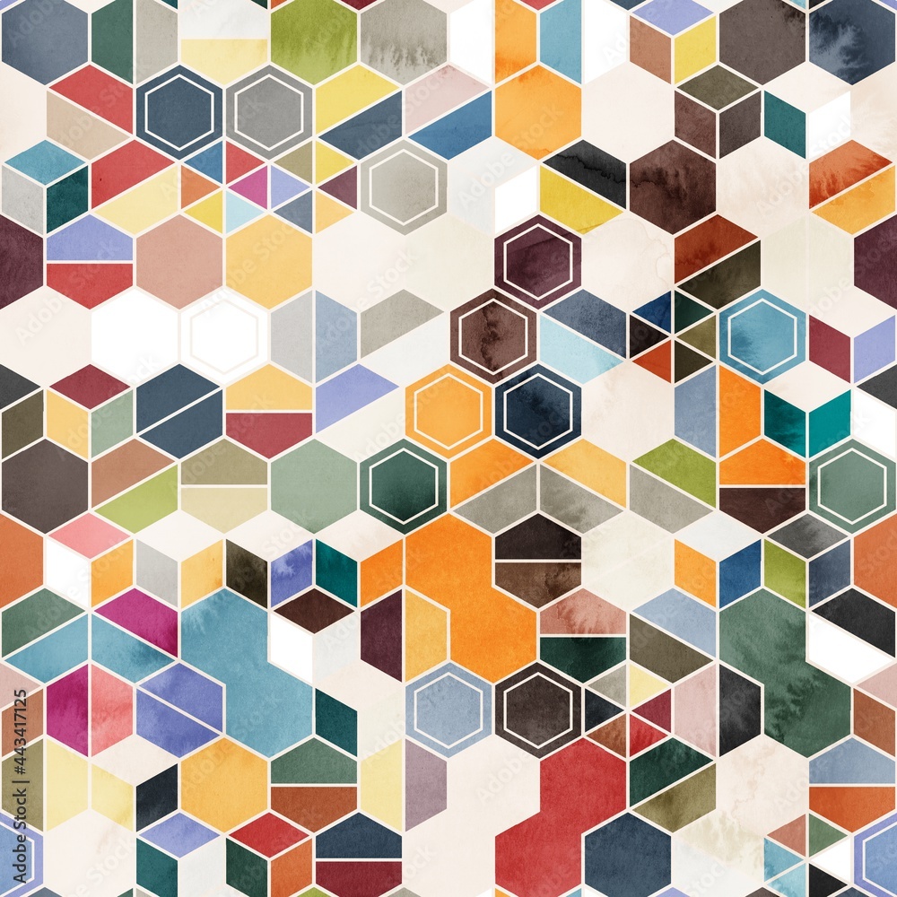 Seamless pattern of hexagons in random colors in watercolor. High quality illustration. Tile mosaic arrangement of triangles, trapezoids, and hexagons, in honeycomb arrangement. Design for print.