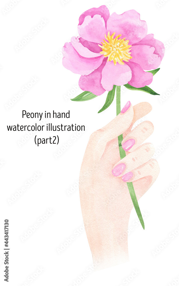 Hand holding pink peonies watercolor illustration.Logo florist, creativity, art. Watercolor paint. Workshop, art studio, workplace. For flower and floristic shop. Flower Shop Logo Design