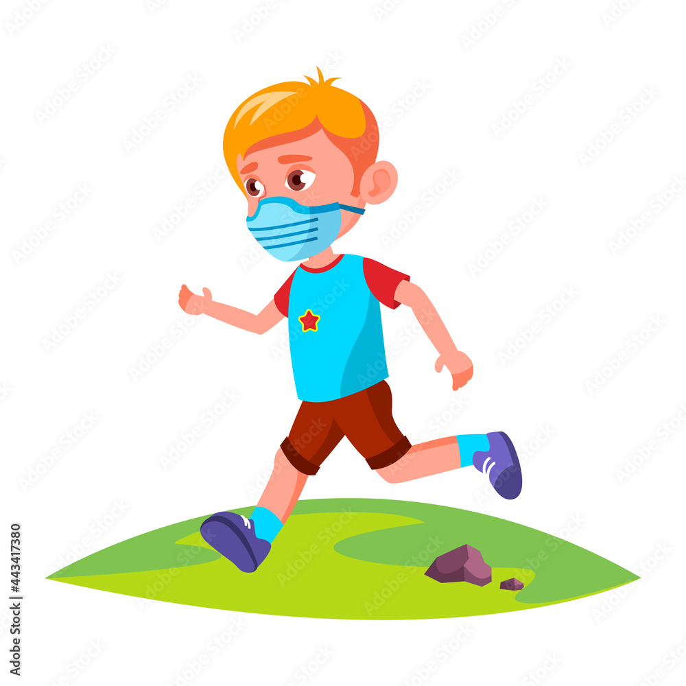 Fototapeta premium Boy Kid Wearing Facial Mask Running In Park Vector. Preteen Child Wear Protective Face Mask Run In Nature Outside. Character Sport Active Time In Pandemic Flat Cartoon Illustration