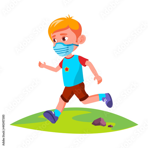 Boy Kid Wearing Facial Mask Running In Park Vector. Preteen Child Wear Protective Face Mask Run In Nature Outside. Character Sport Active Time In Pandemic Flat Cartoon Illustration