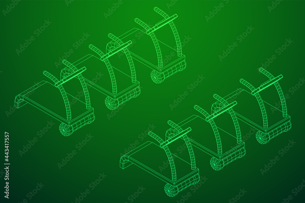 Treadmill machine. Gym and fitness equipment. Wireframe low poly mesh vector illustration.