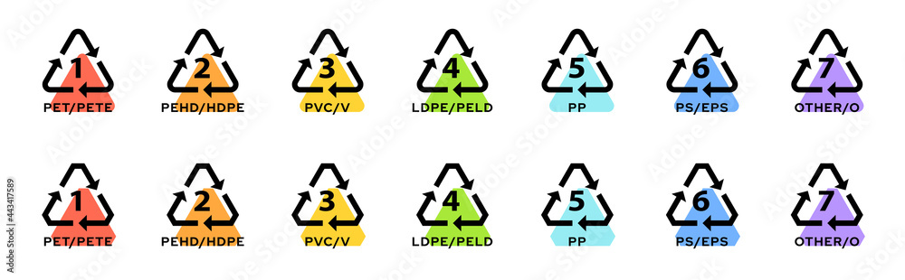 Set of badges for marking plastic. Industrial marking of plastic products. Code system signs for plastic recycling. Vector elements. Set of badges for marking plastic. Industrial marking of plastic products. Code system signs for plastic recycling. Vector elements.