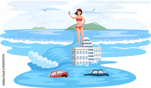 Woman taking selfie stands on roof of sinking house and cars. Melting glaciers, global warming, sea level rose and flooded cities, ecological catastrophy. Saving Earth and environmental care