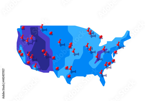 Vector illustration of red pins stuck on a contour map
