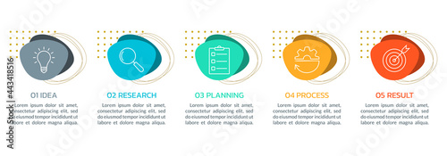5 steps info graphic with abstract shapes. Business process, presentation, infographic layout template with modern icons. Vector illustration.