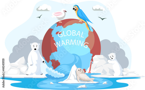 Animals and birds escape climate change and global warming on planet. Animals during global warming concept. Increase in water temperature affects animal kingdom. Greenhouse effect on planet Earth
