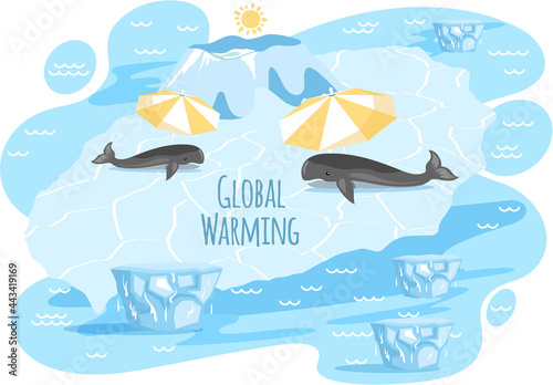 Placards and posters design of global warming and climate change. Whales lying on ice floe near letters of inscription global warming. Whales under umbrellas suffer from heat and melting glaciers