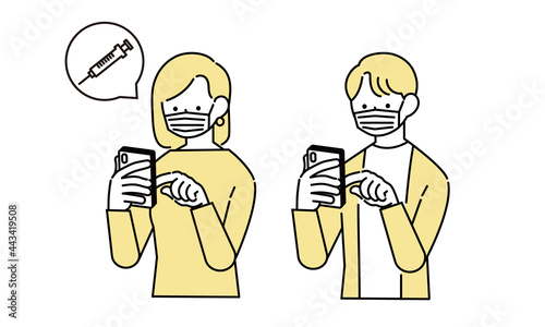 マスクでスマホを操作する男女のイラスト
