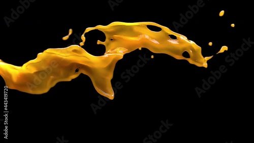 Orange juice splash on black background. 3D animation of yellow liquid, alpha channel as matte mask included.