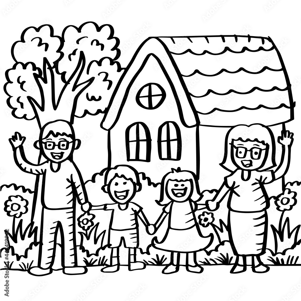 Cartoon happy family standing in front house Stock Vector | Adobe Stock