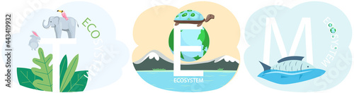 Set of illustrations about environment. Eco friendly, nature conservation concept. Different inhabitants of earth on abstract background with letters. Representatives of biodiversity of planet